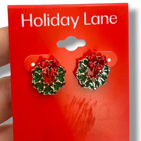 NEW Holiday Lane Christmas Wreath Earrings Small Hoop Drop Winter Festive Hearts - Picture 3 of 10